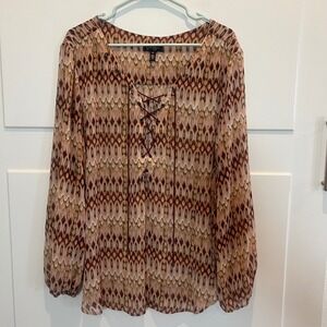 Jessica Simpson 2X Blouse Brown Beige Abstract Print Lace-Up‎ Long Sleeve Sheer